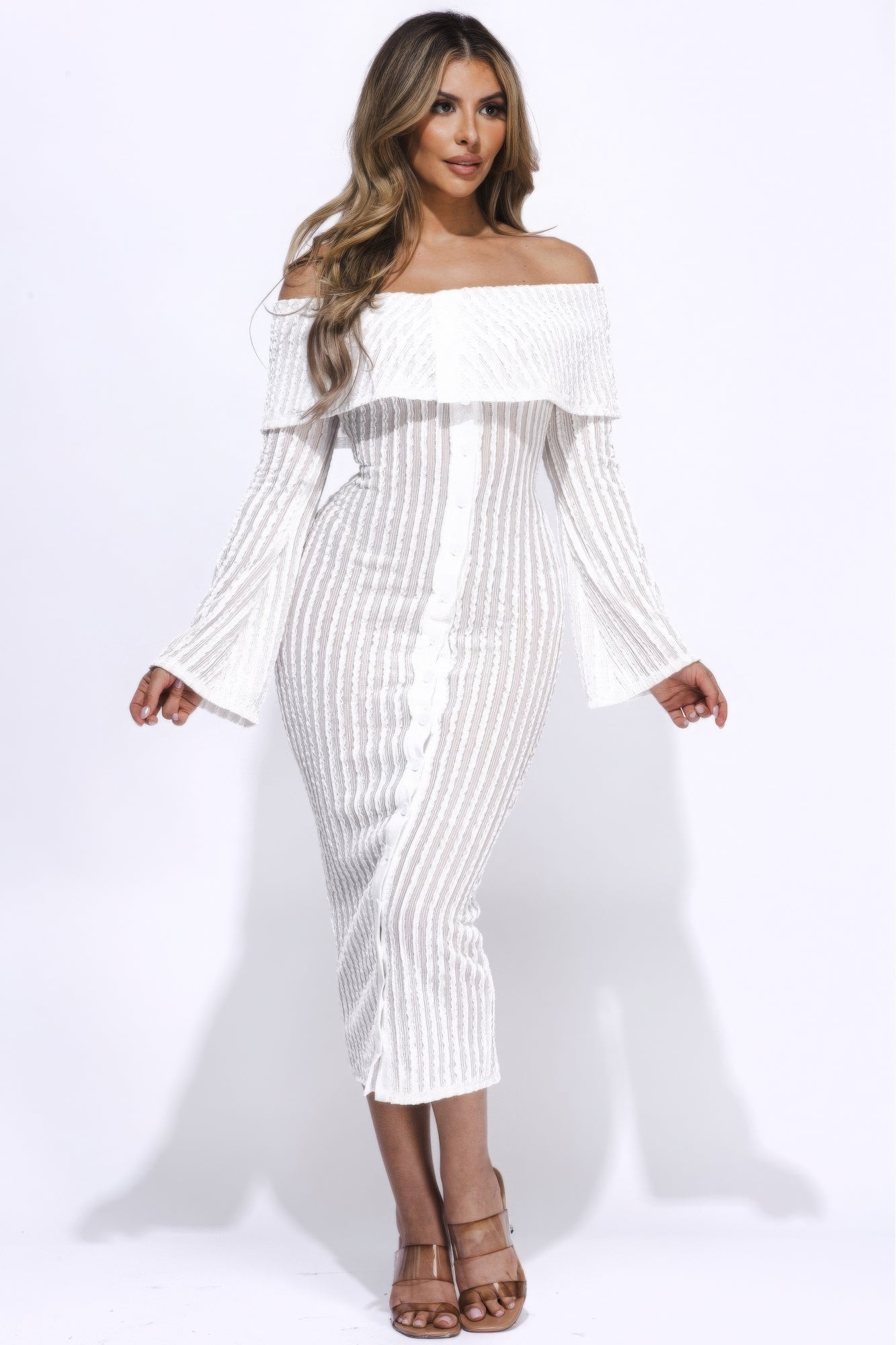 ruffled off shoulder midi dress