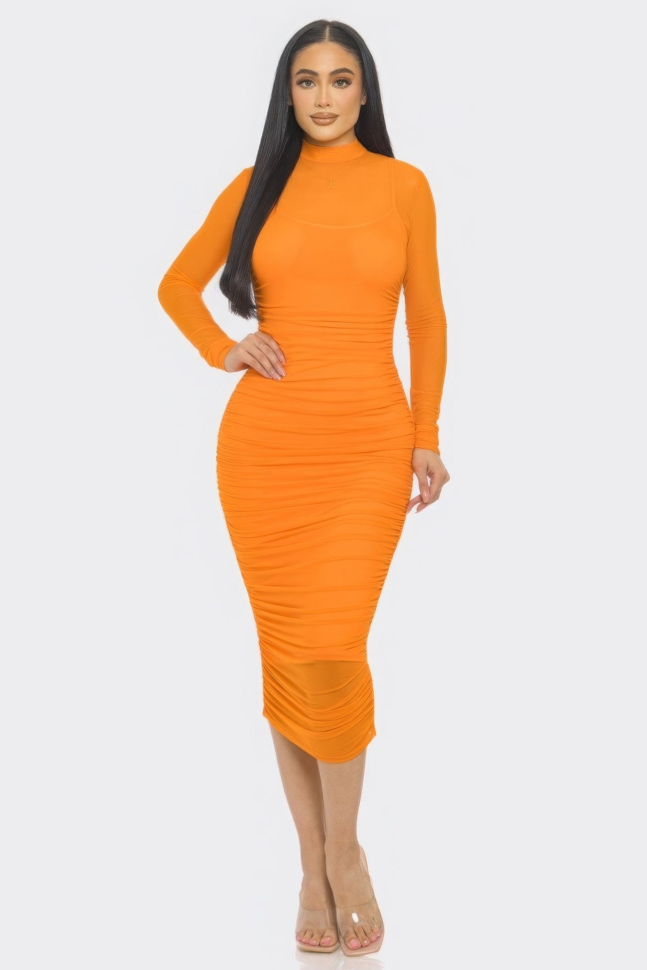 solid mesh midi dress