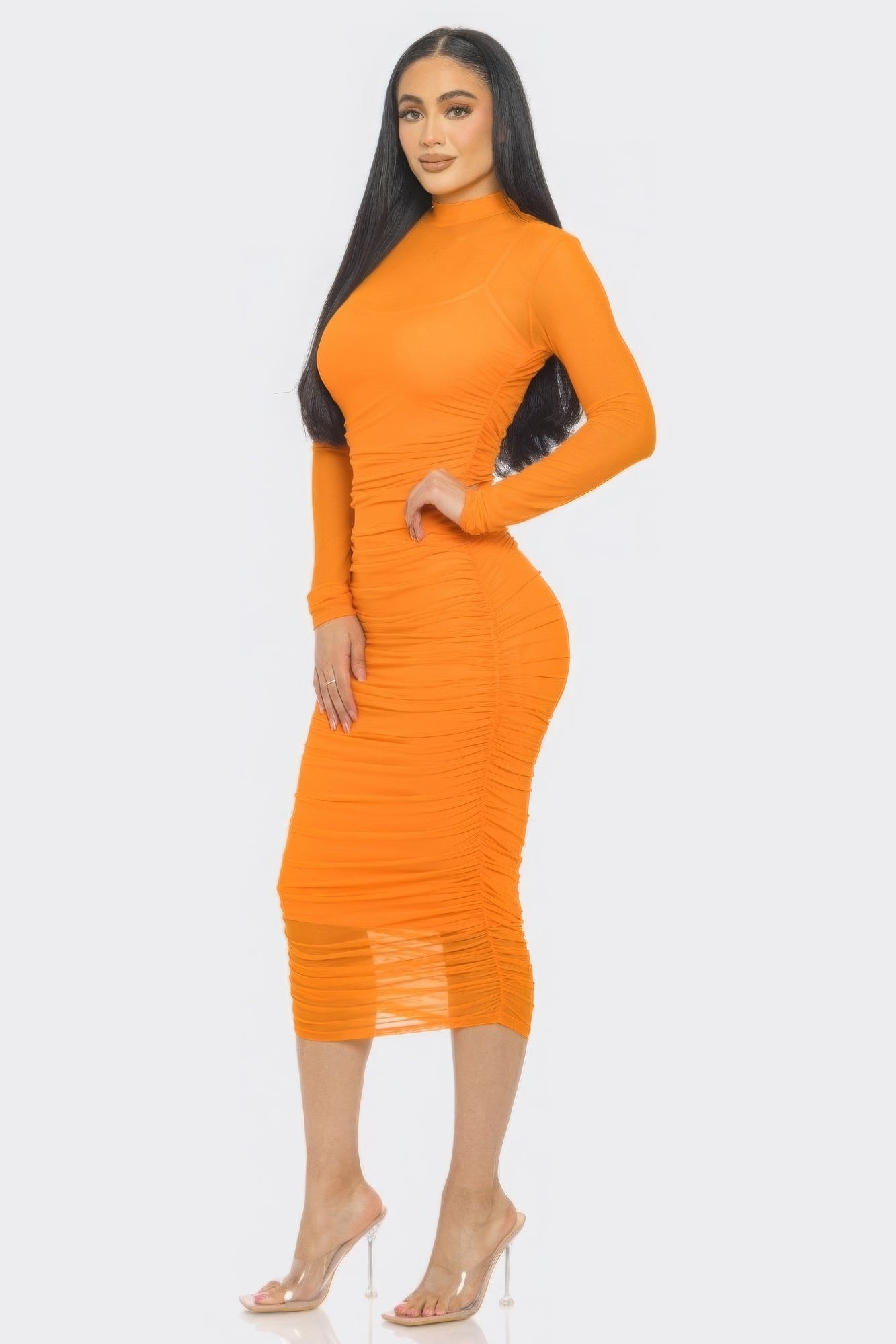 solid mesh midi dress