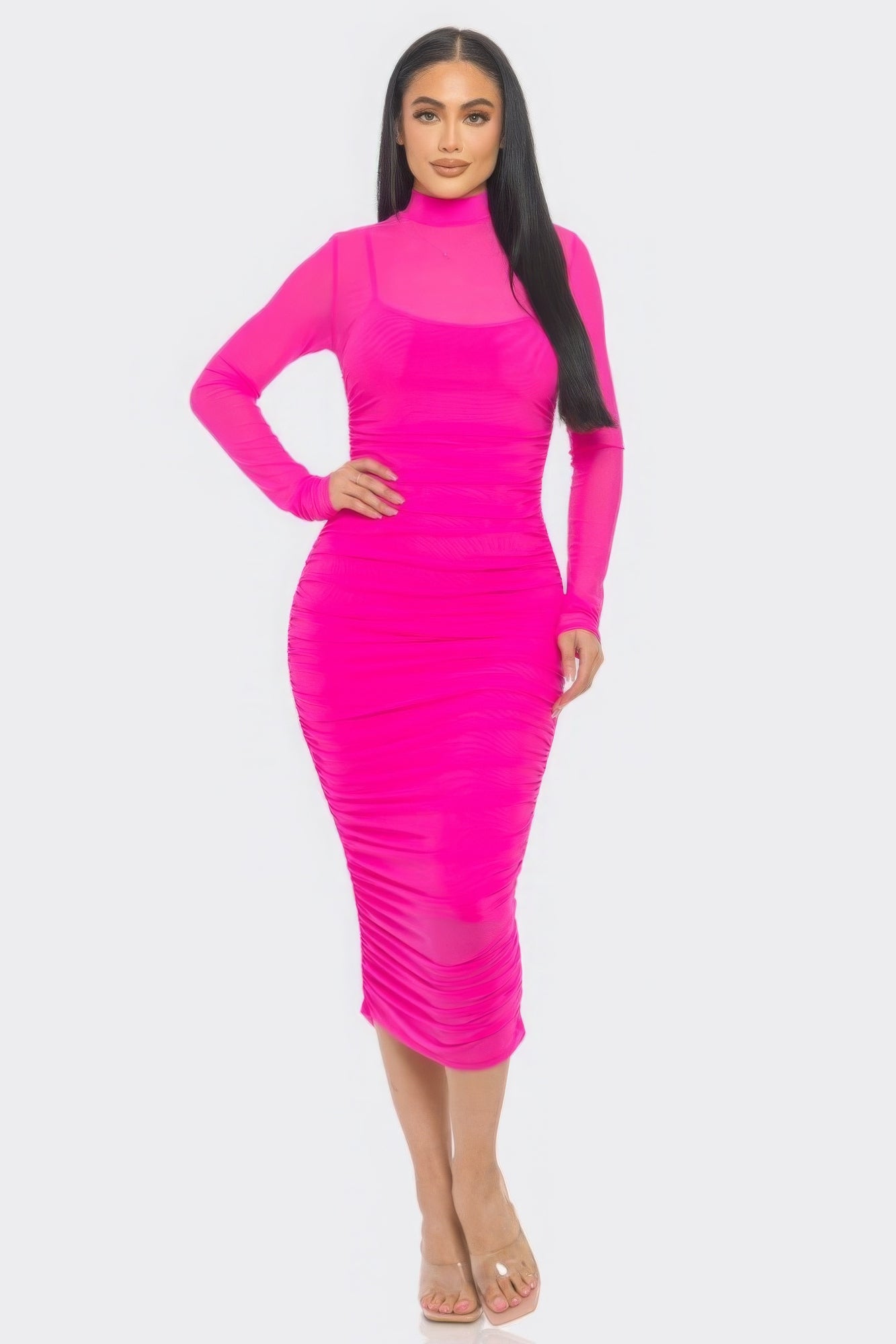 solid mesh midi dress