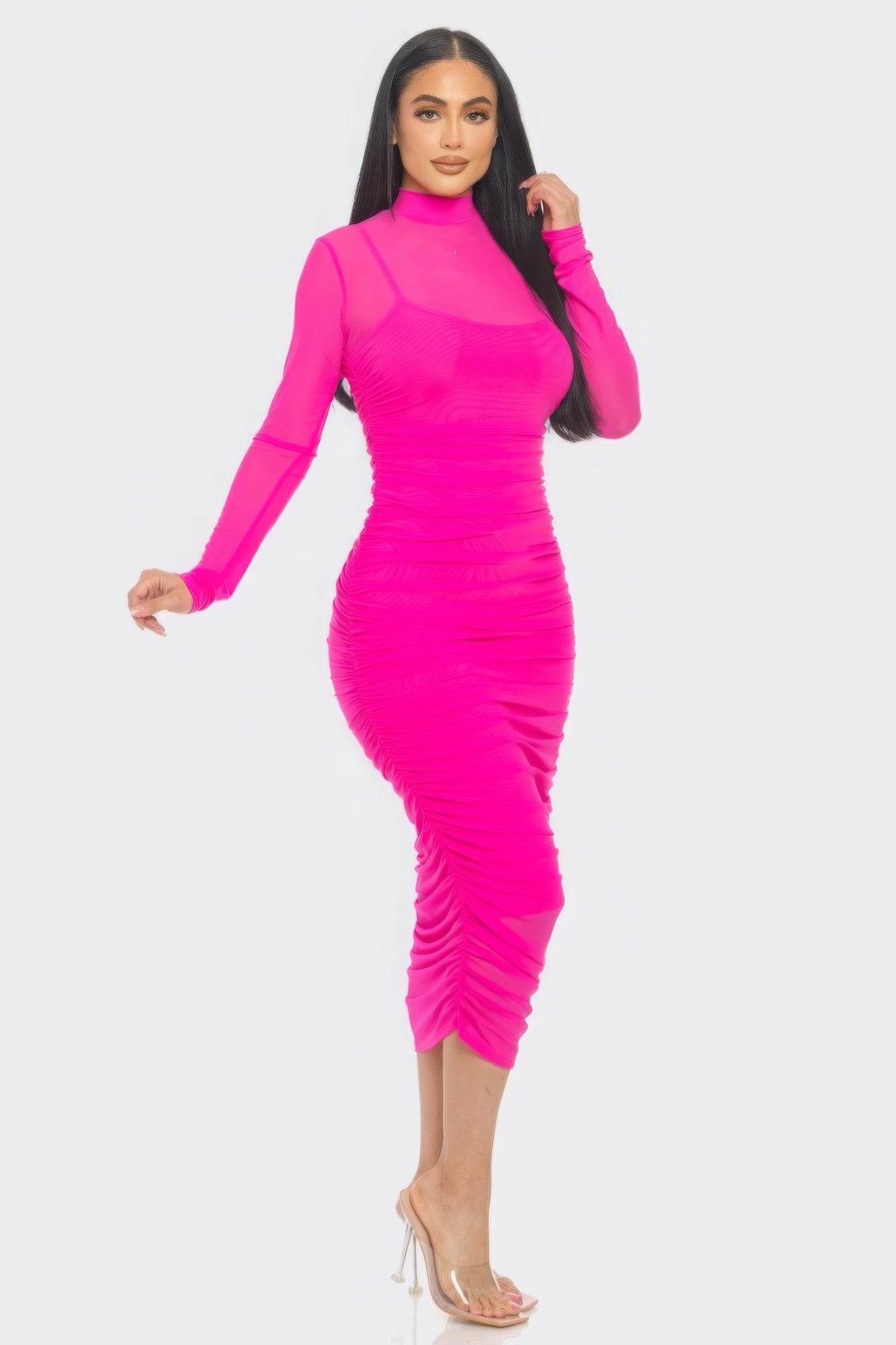 solid mesh midi dress