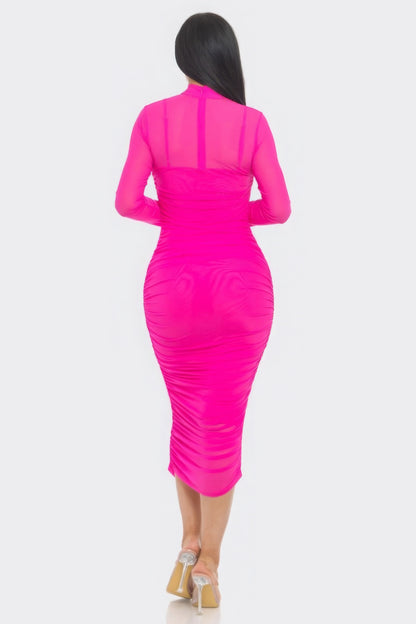 Solid Mesh Midi Dress