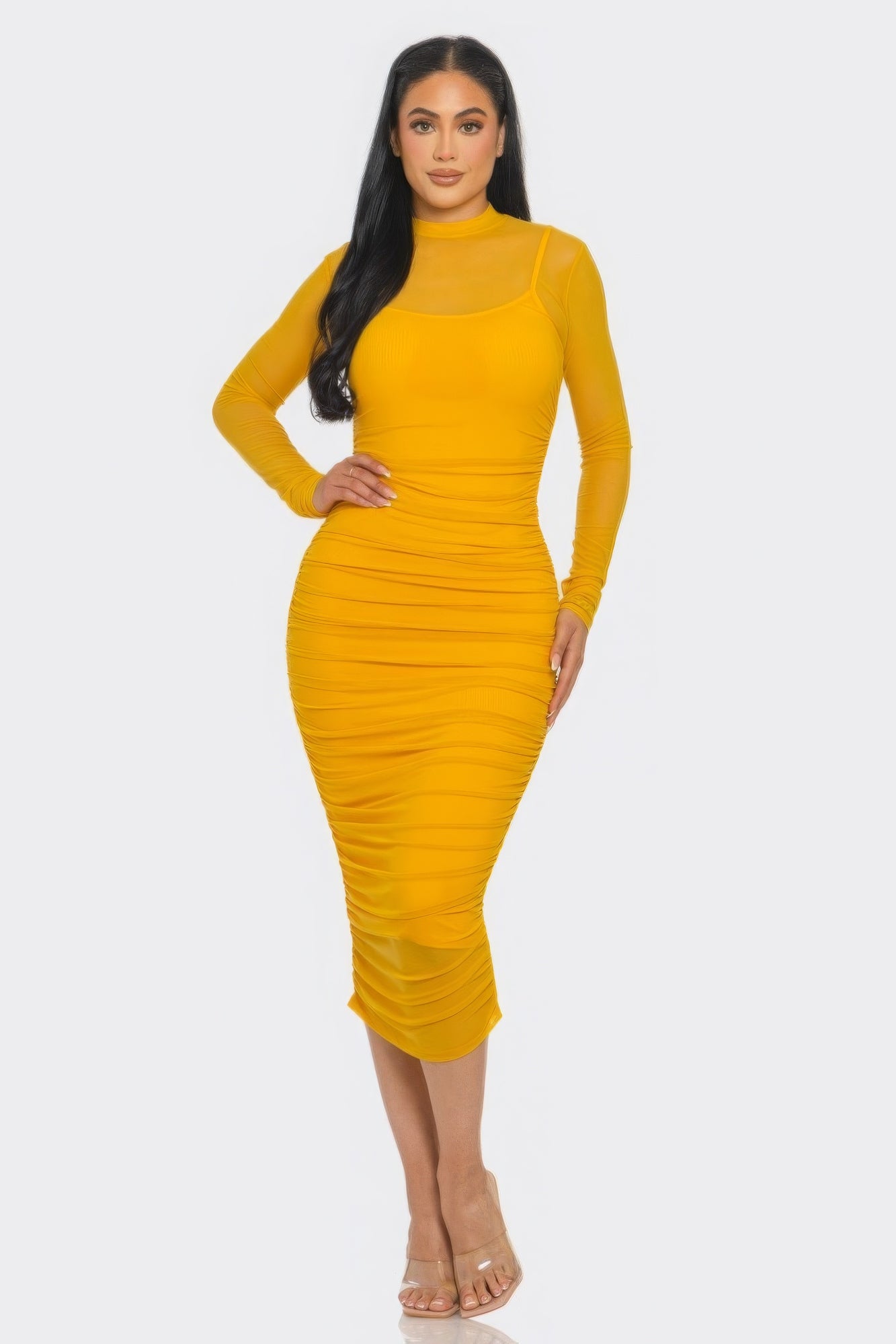 solid mesh midi dress