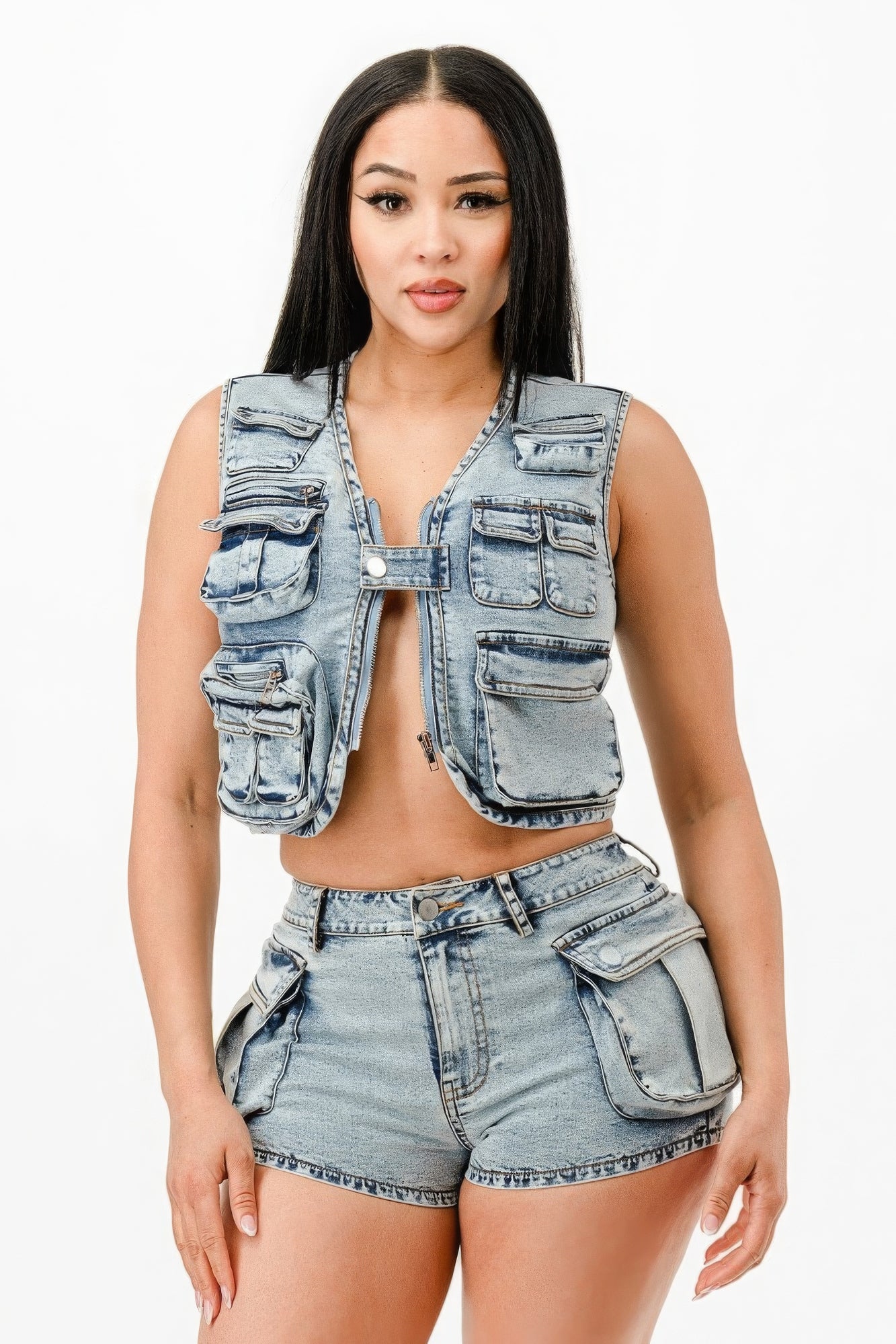 washed denim shorts set