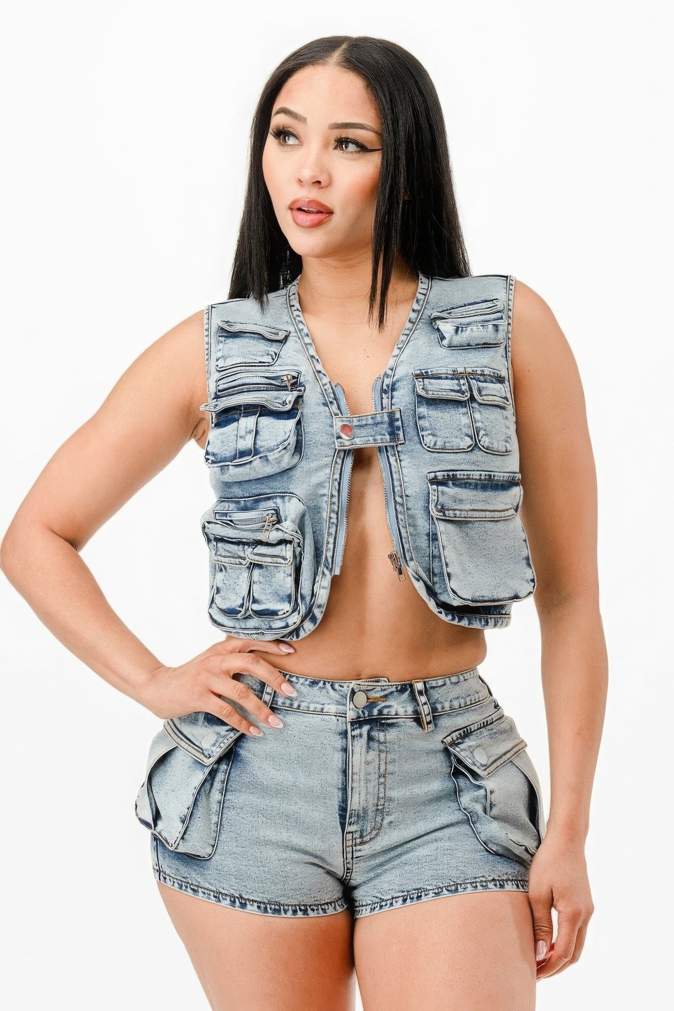 washed denim shorts set