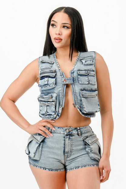 Washed Denim Shorts Set