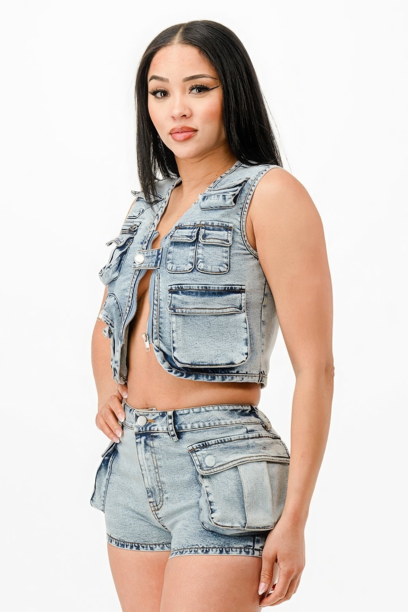 washed denim shorts set