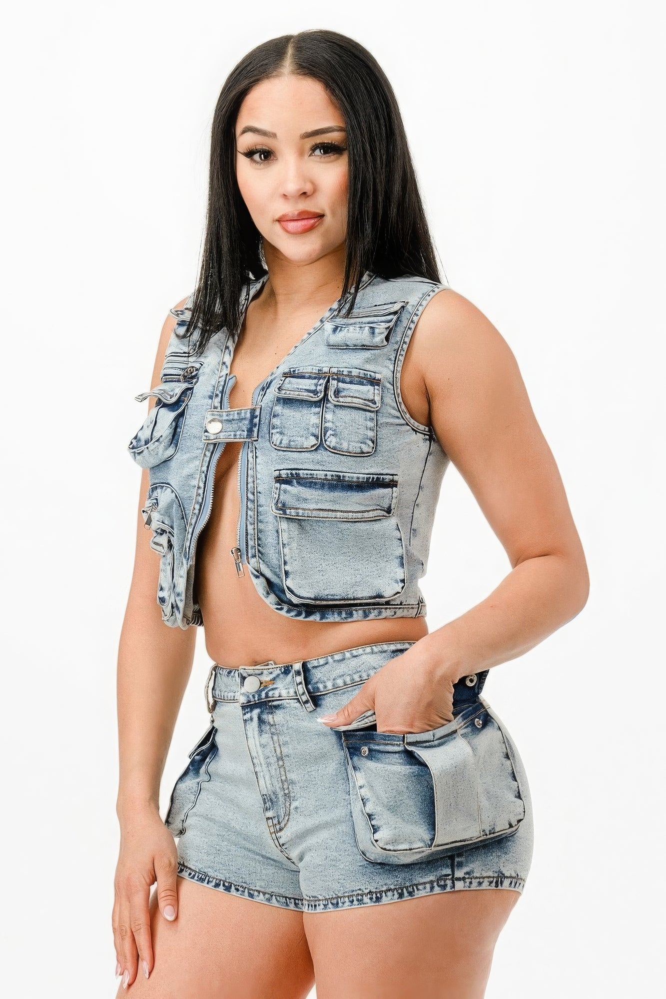 washed denim shorts set