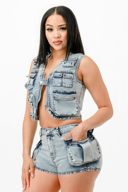 Washed Denim Shorts Set