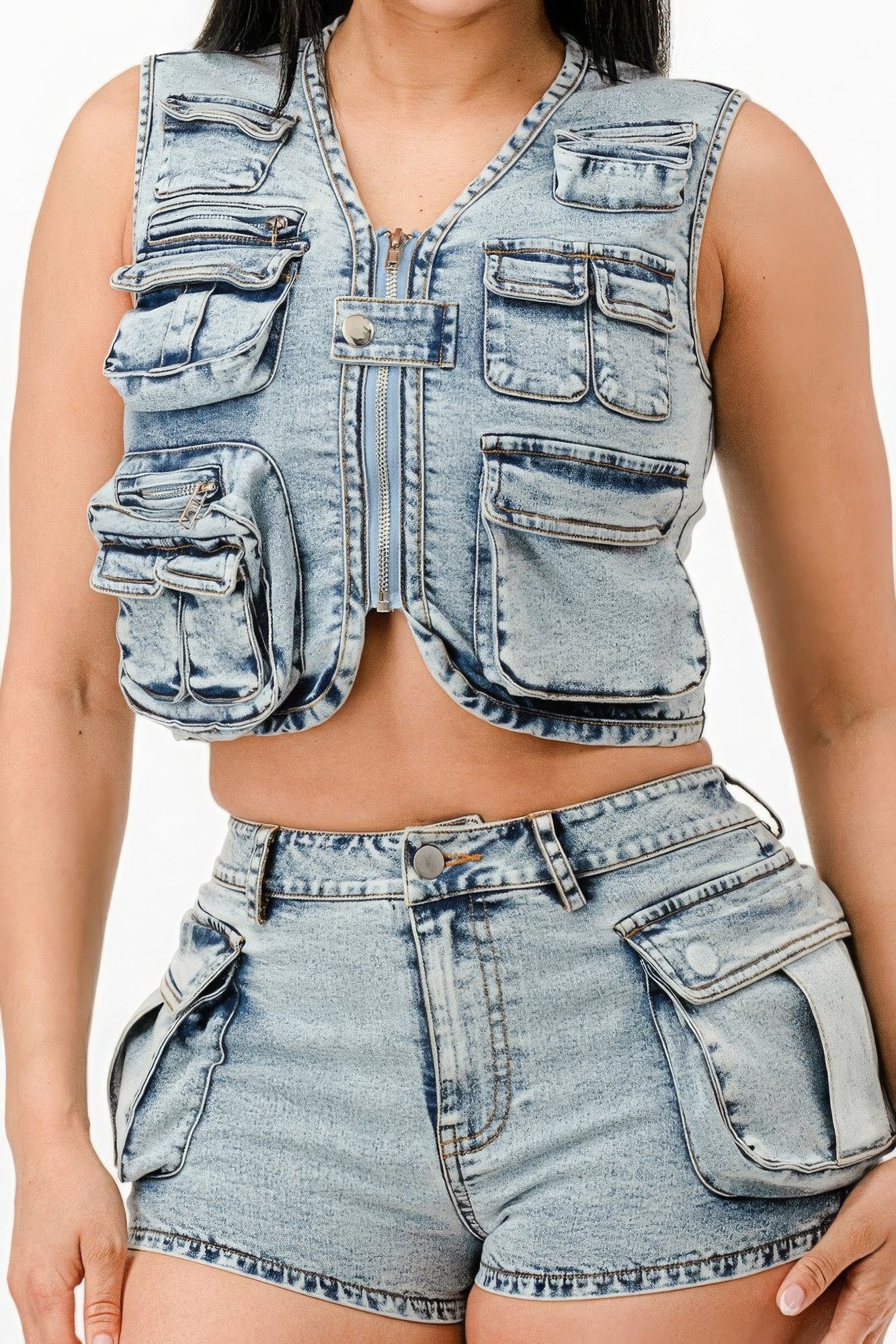 washed denim shorts set