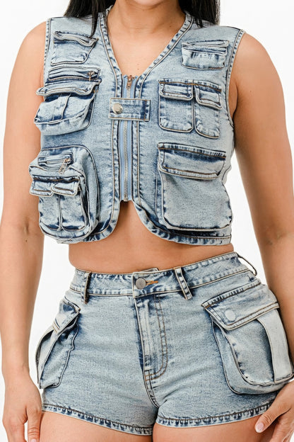 Washed Denim Shorts Set