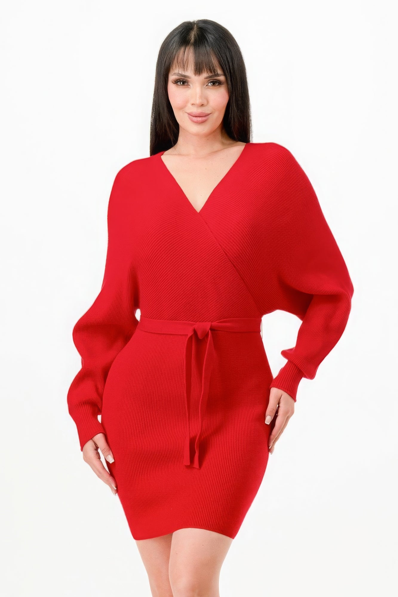 wrap belted sweater dress