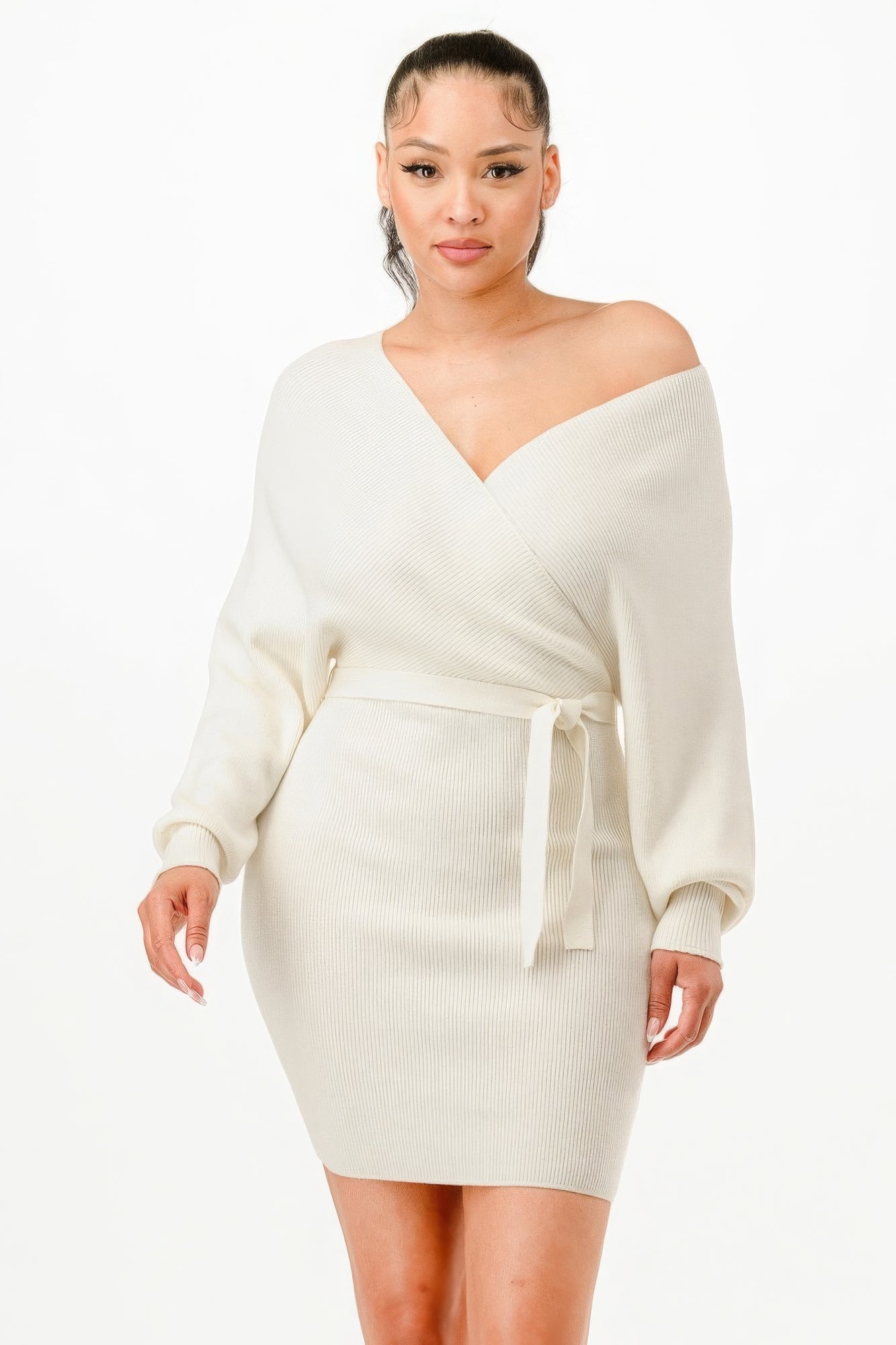 wrap belted sweater dress