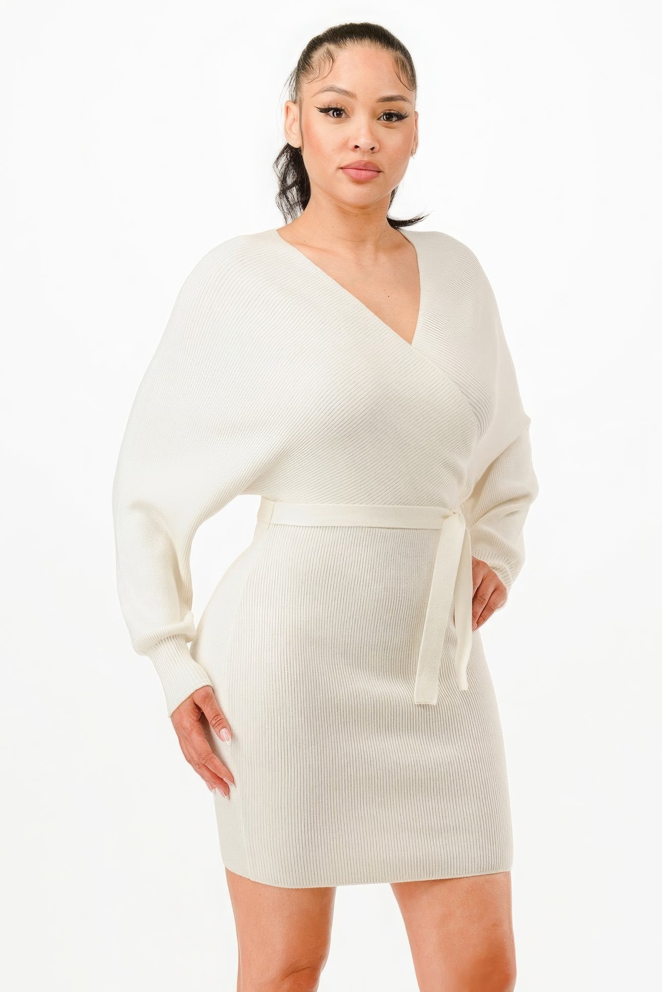 wrap belted sweater dress