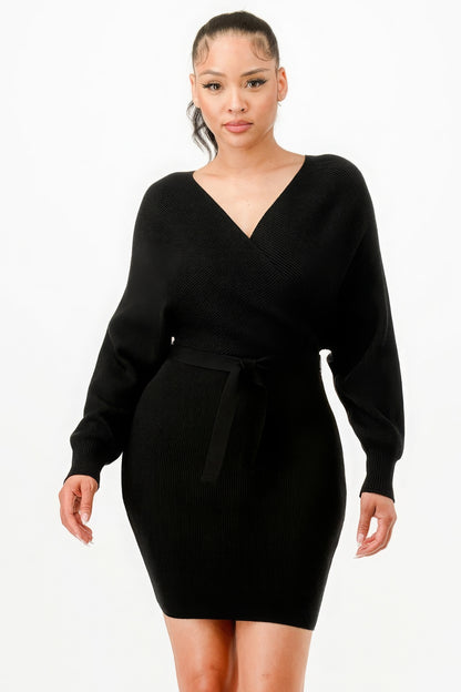 Wrap Belted Sweater Dress