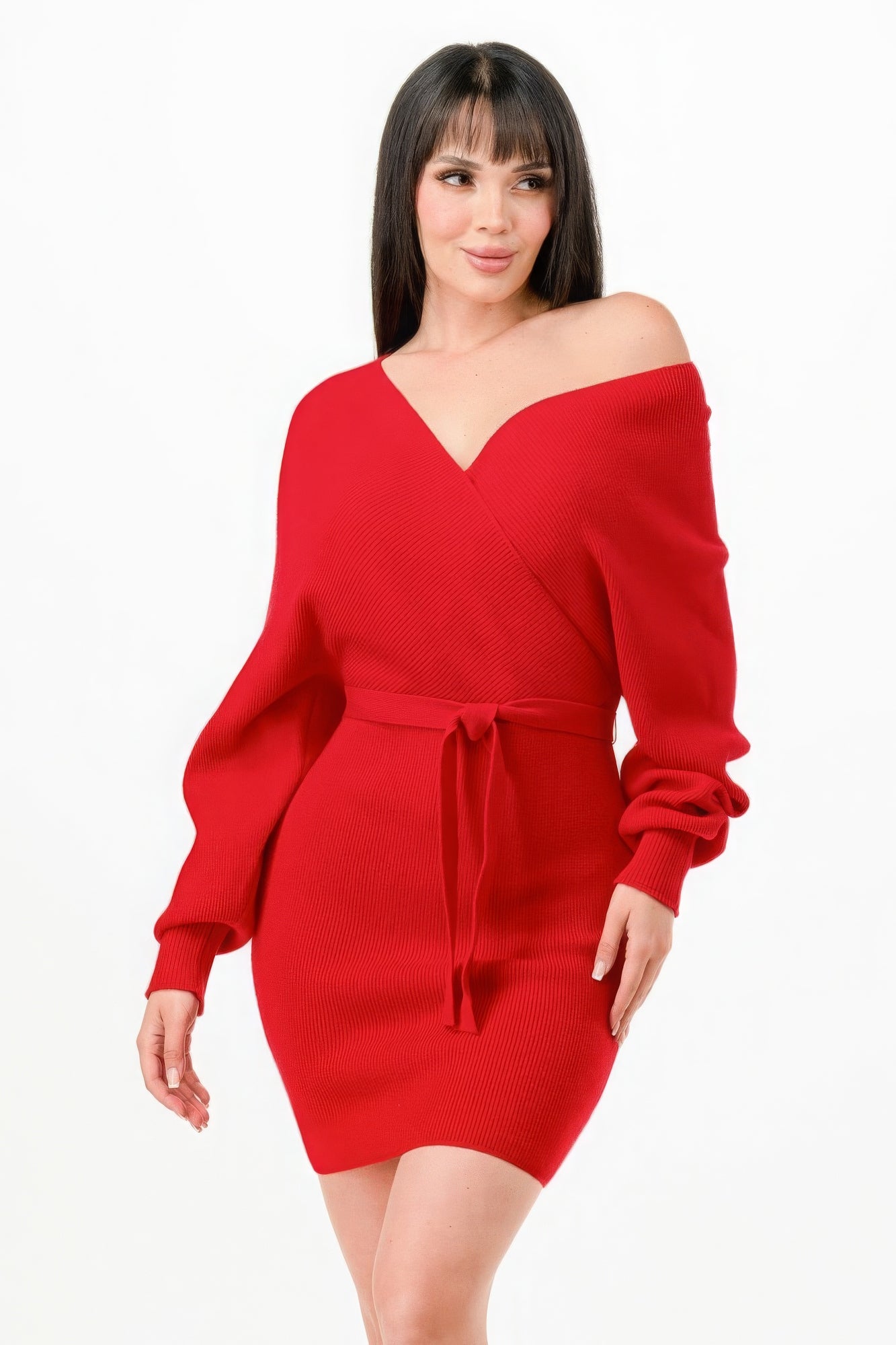 wrap belted sweater dress