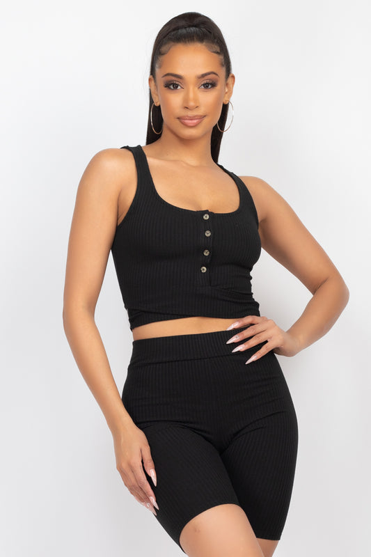 Button Crop Top & Biker Shorts Set