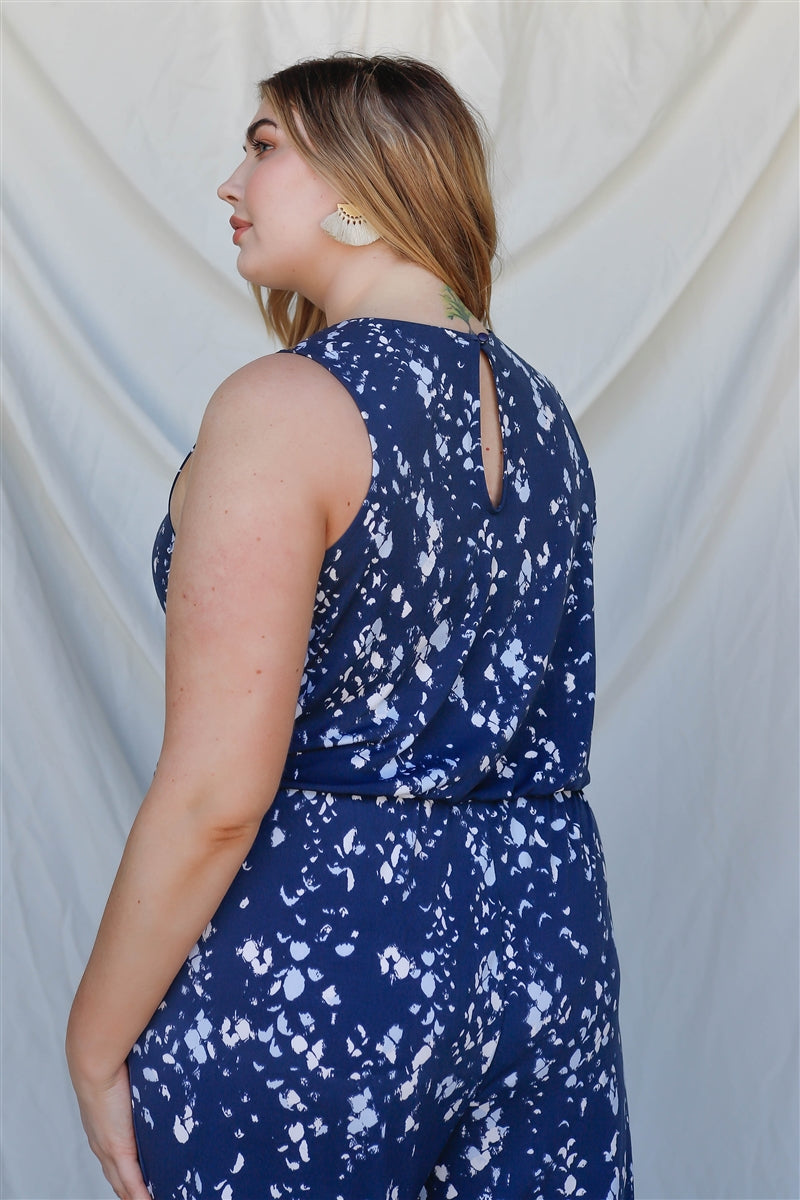 navy print sleeveless jumpsuit