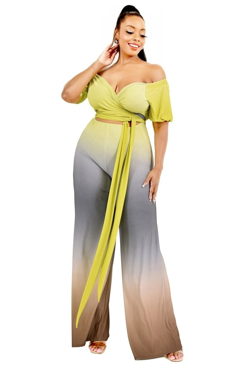 off shoulder waist tie jumpsuit