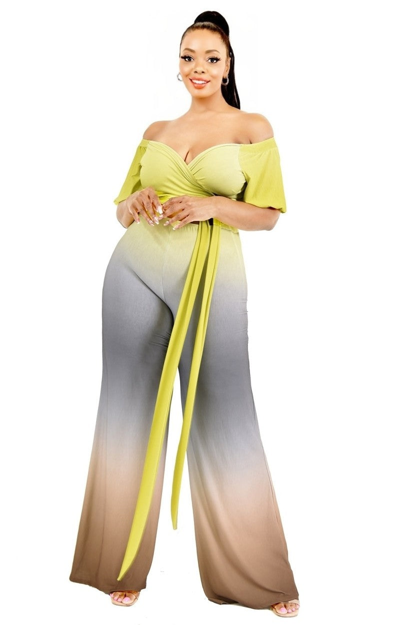 off shoulder waist tie jumpsuit