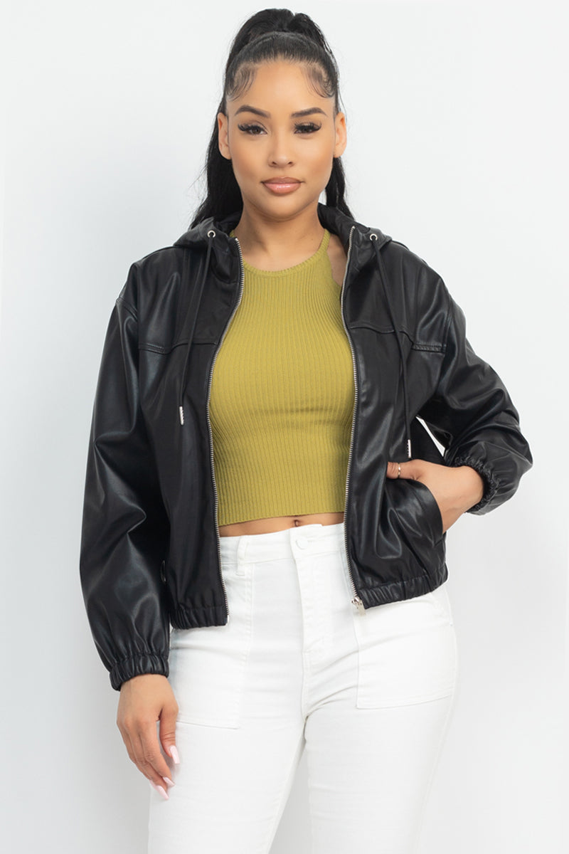 faux leather hoodie jacket