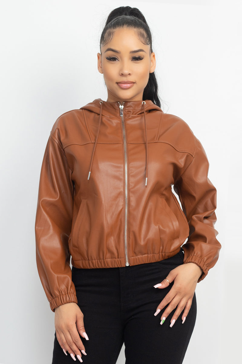 faux leather hoodie jacket