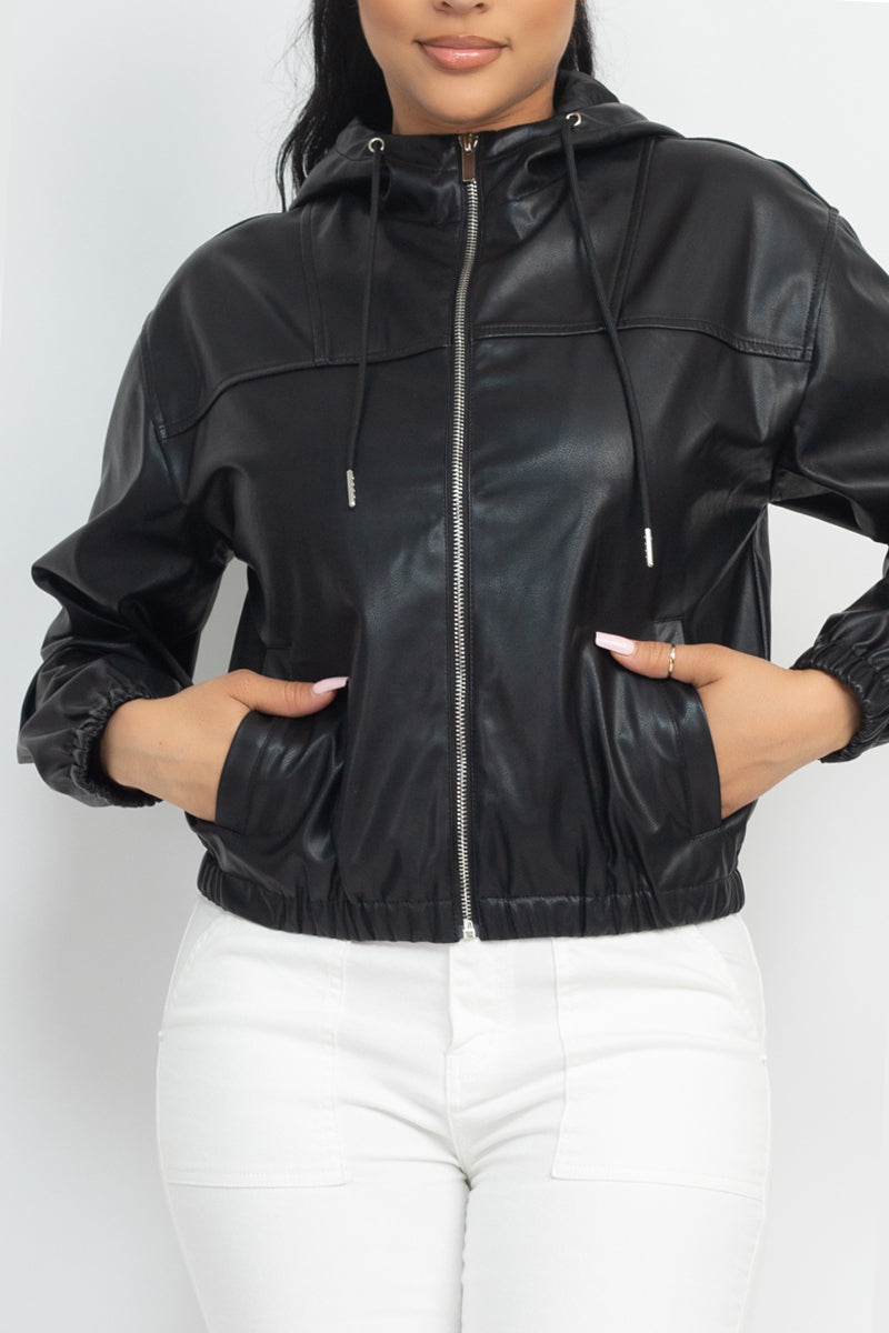 faux leather hoodie jacket