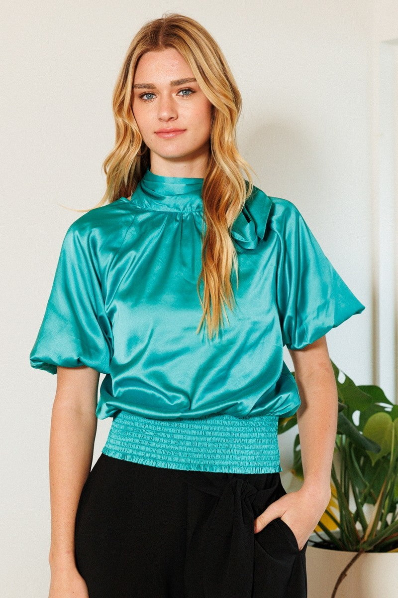 smocked satin blouse