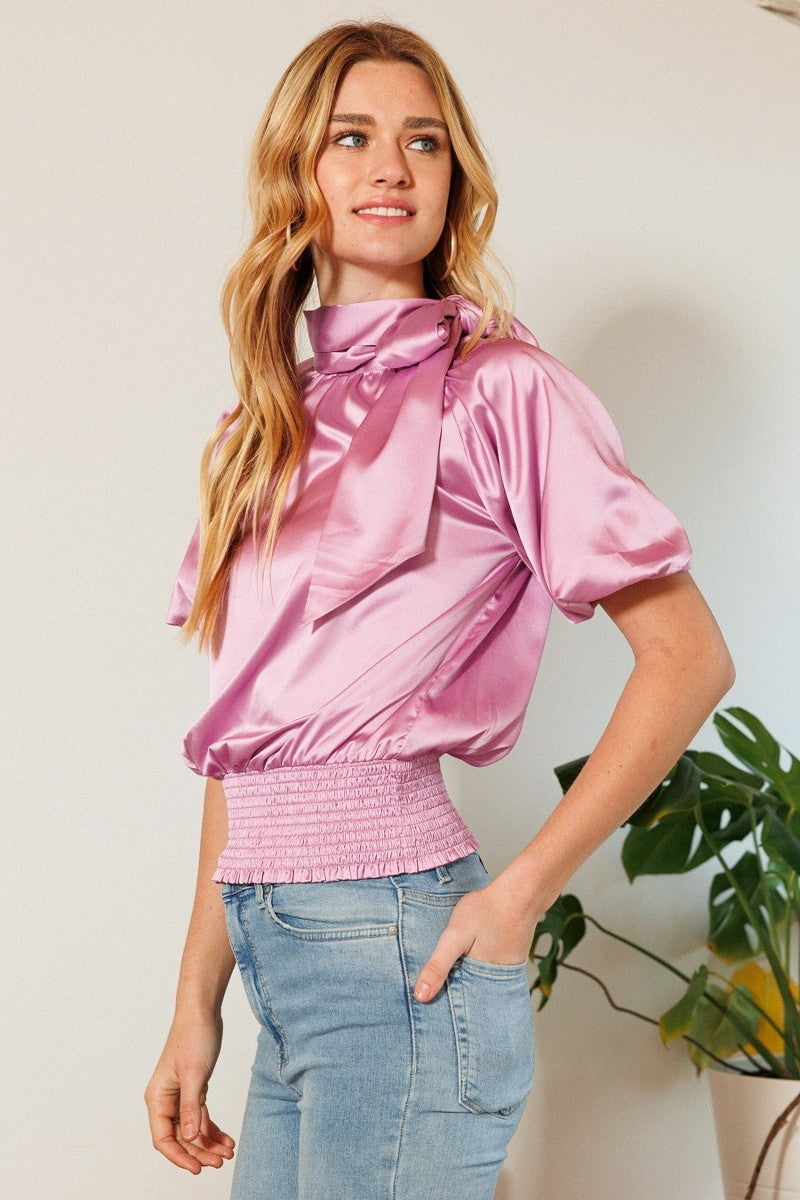 smocked satin blouse