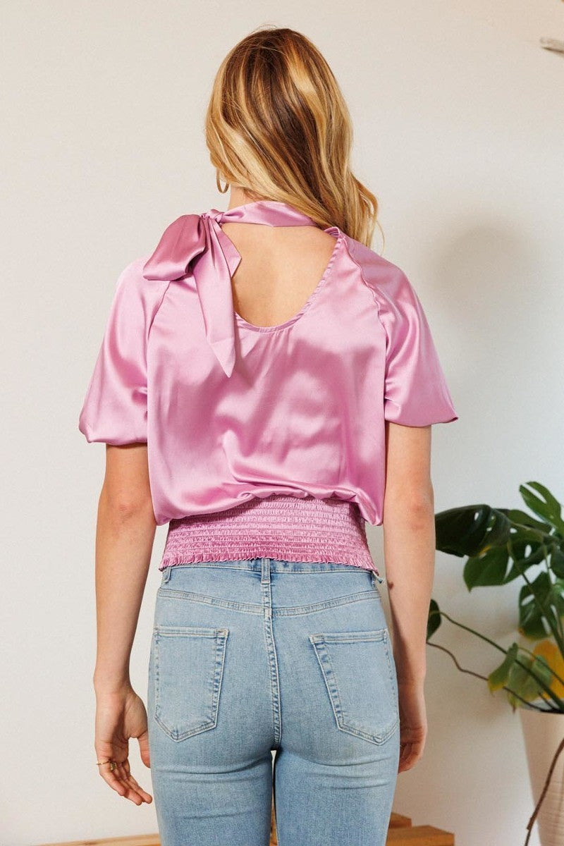 smocked satin blouse