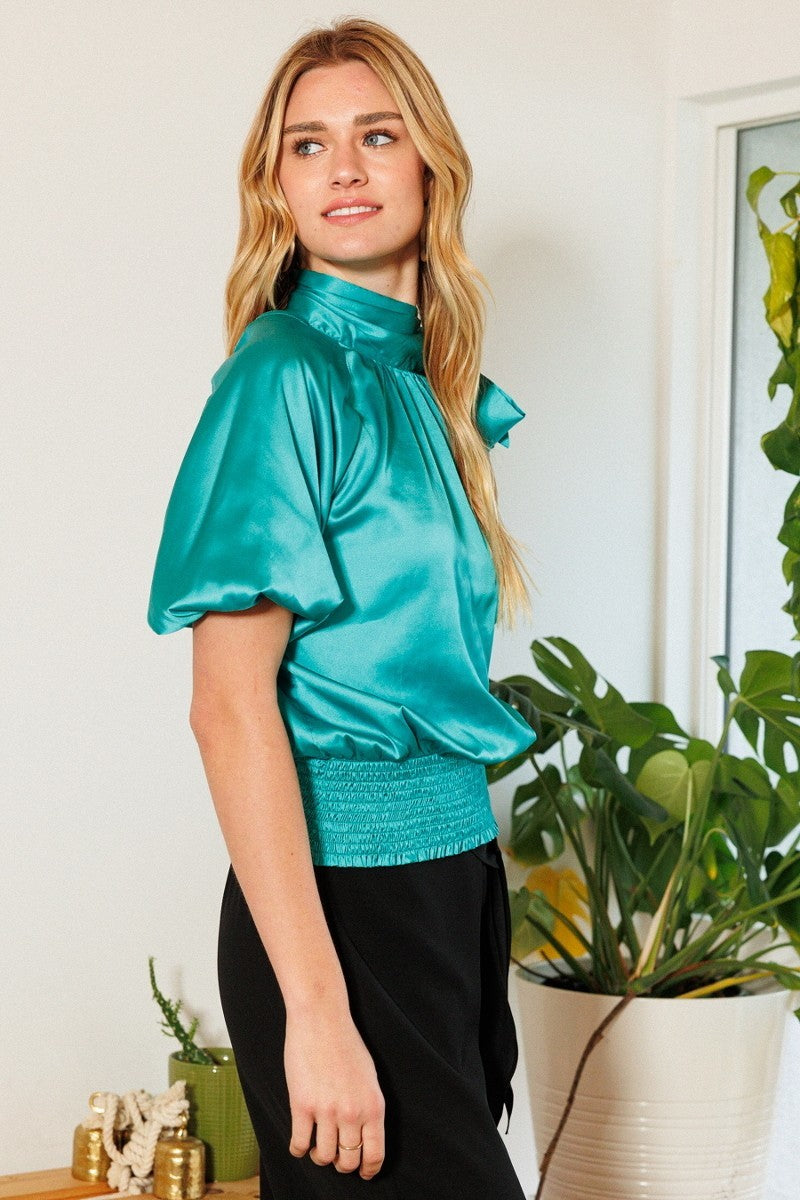 smocked satin blouse