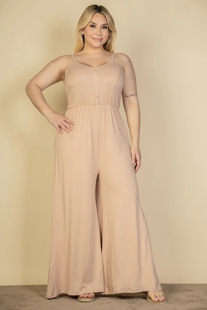 button front wide leg jumpsuit