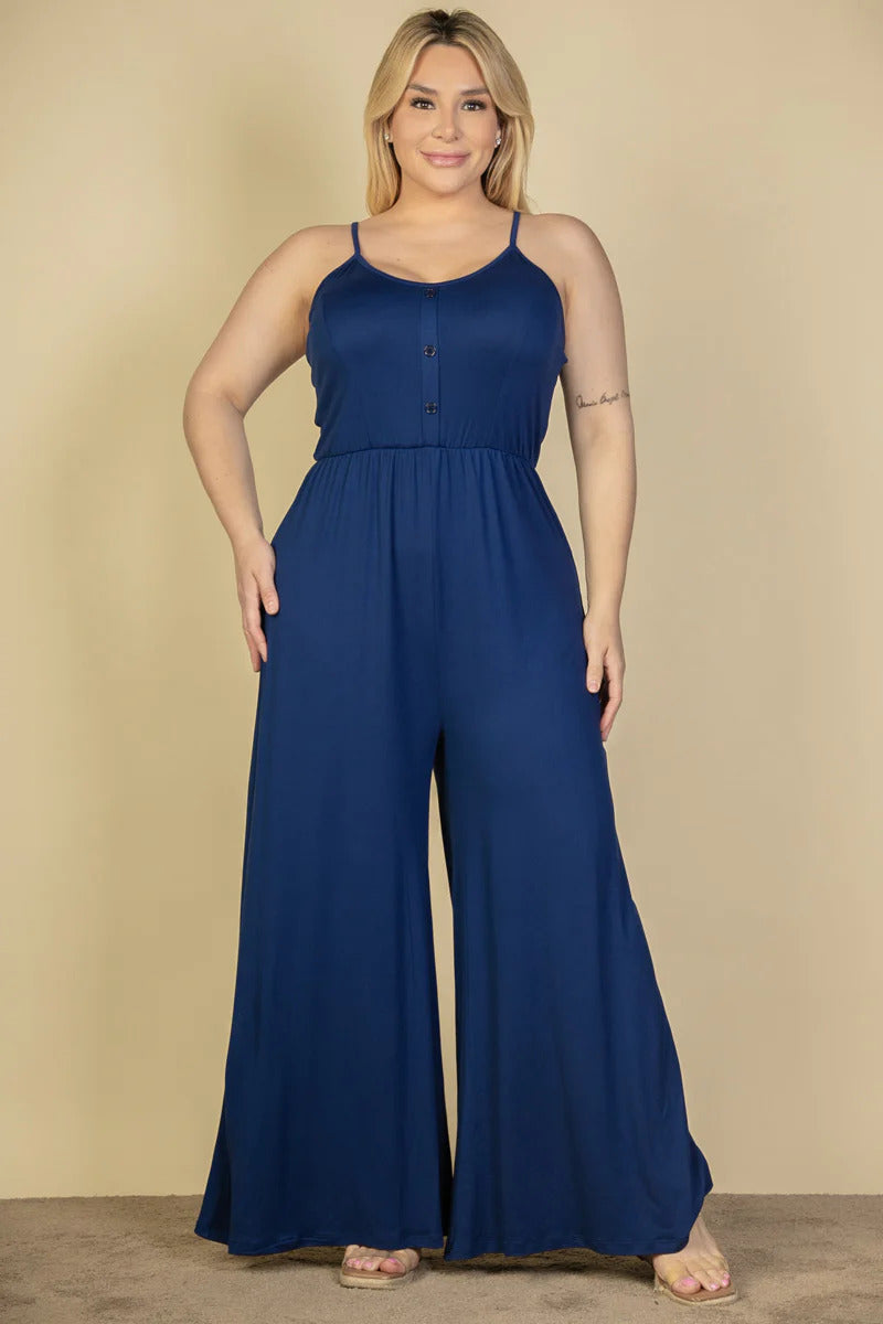 button front wide leg jumpsuit