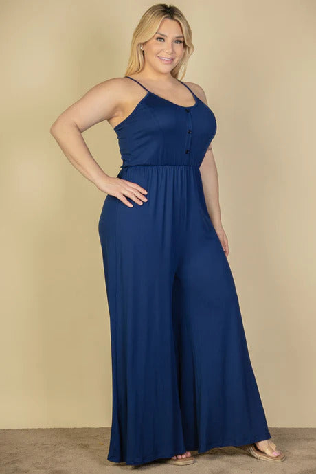 button front wide leg jumpsuit