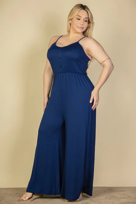 button front wide leg jumpsuit