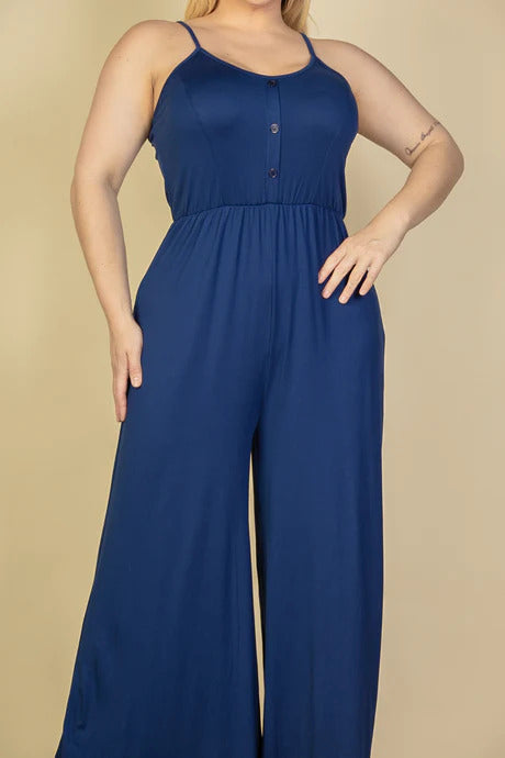 button front wide leg jumpsuit