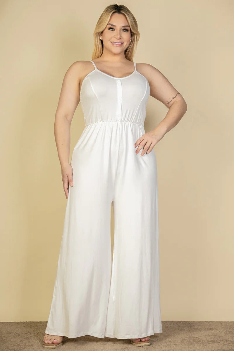 button front wide leg jumpsuit