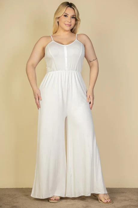 button front wide leg jumpsuit