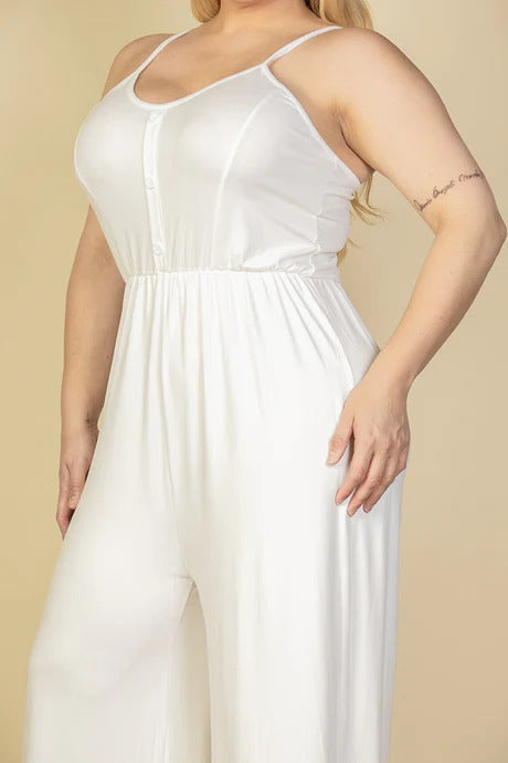 button front wide leg jumpsuit