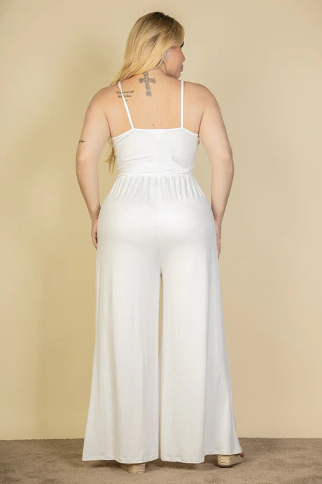 button front wide leg jumpsuit