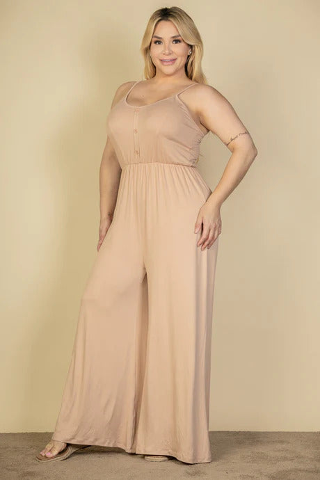 button front wide leg jumpsuit