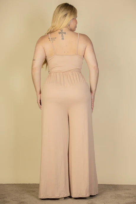 button front wide leg jumpsuit