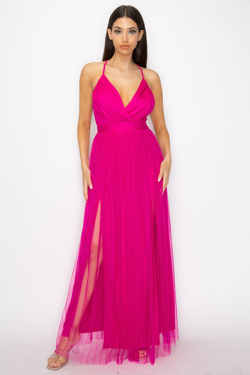 pleated mesh maxi dress