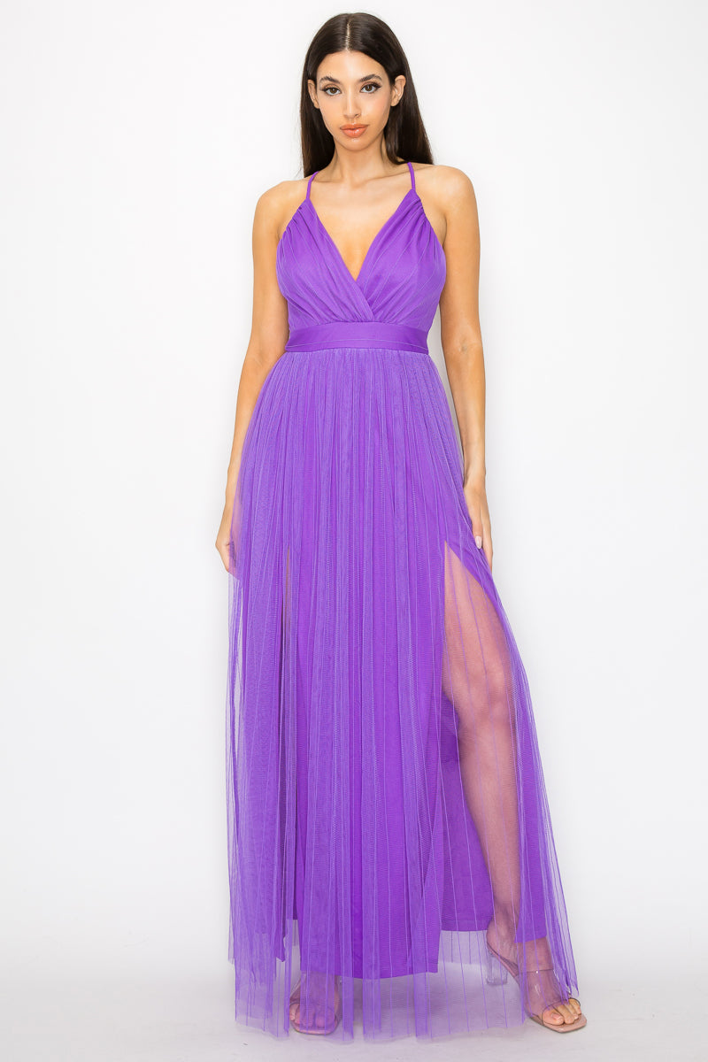 pleated mesh maxi dress