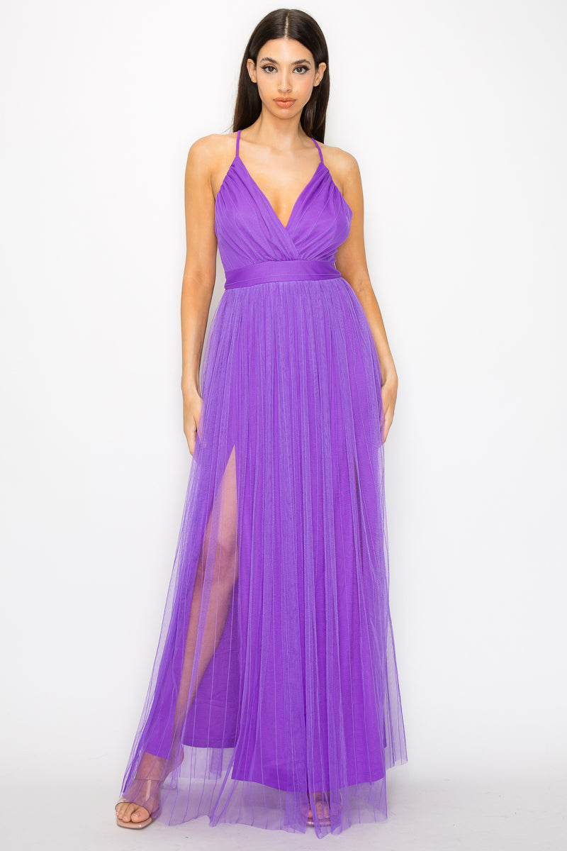 pleated mesh maxi dress