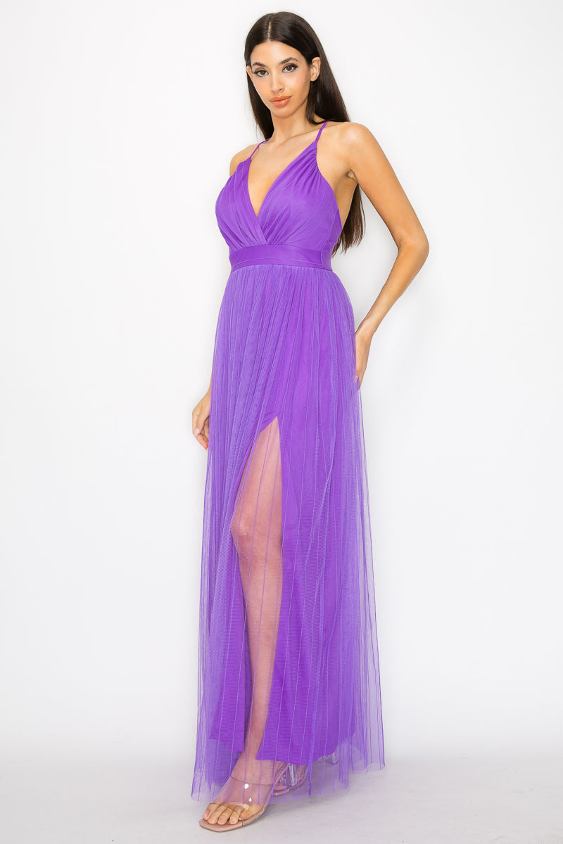 pleated mesh maxi dress