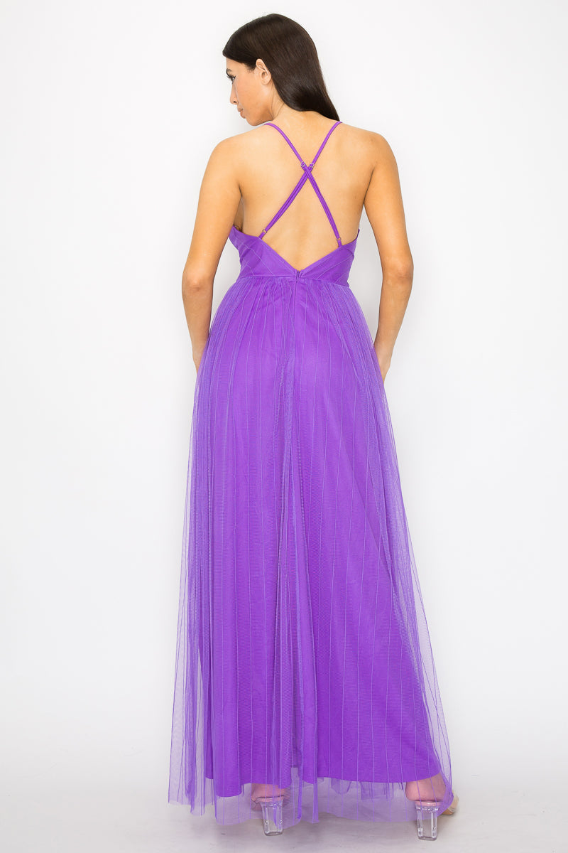 pleated mesh maxi dress