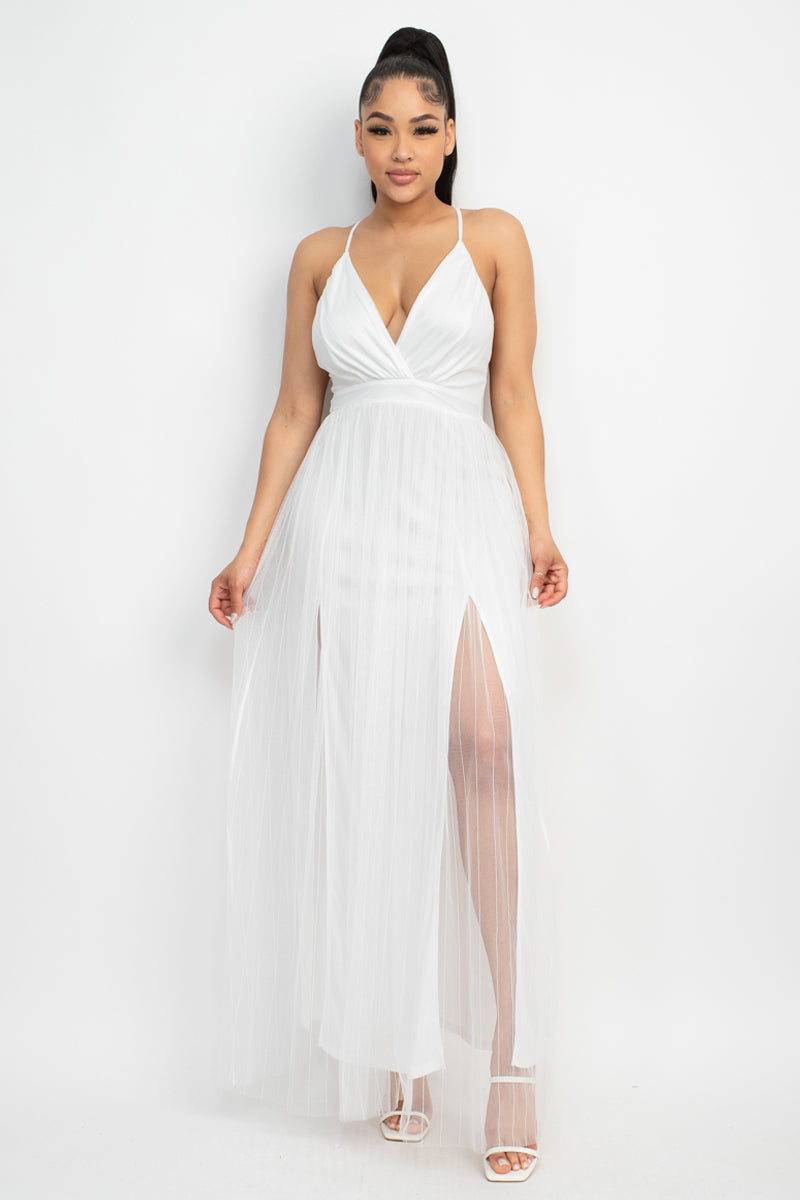 pleated mesh maxi dress