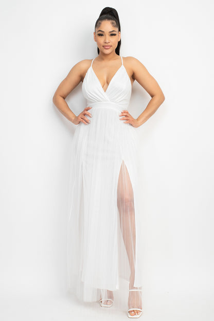 Pleated Mesh Maxi Dress