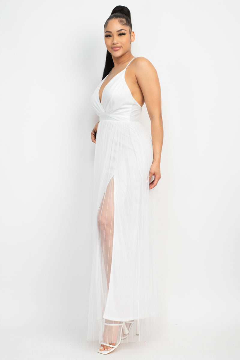 pleated mesh maxi dress